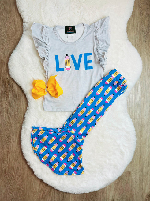 Bowtism Girls I Love School Flare Pants Set with Matching Bow - Bowtism